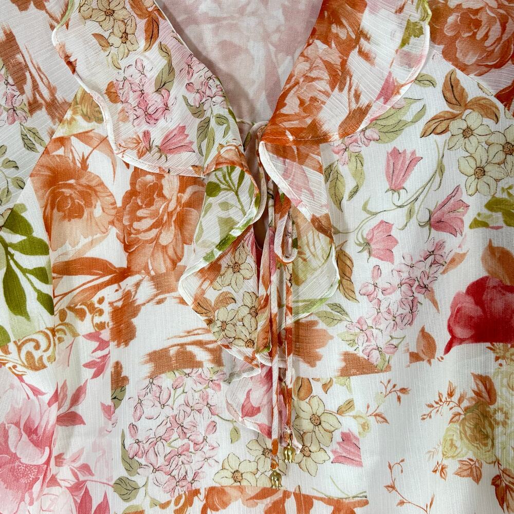 Joie Floral Sheer Blouse Medium | Ruffle Tie Neck Boho Lightweight Top - Picture 4 of 5